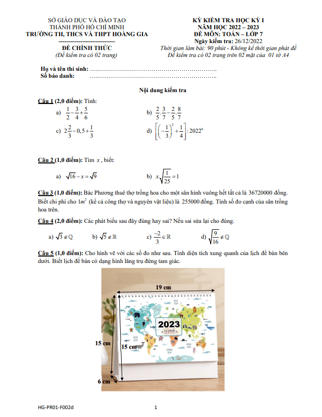 Đề học kì 1 (HK1) lớp 7 môn Toán năm 2022 2023 trường Hoàng Gia TP HCM