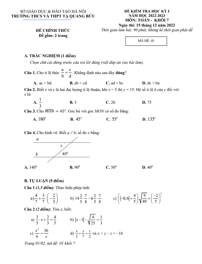 Đề học kì 1 (HK1) lớp 7 môn Toán năm 2022 2023 trường Tạ Quang Bửu Hà Nội