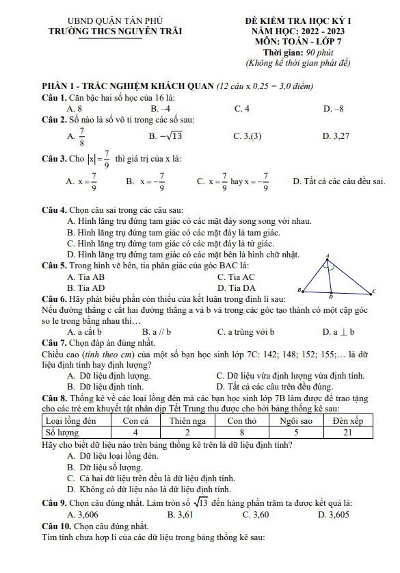 Đề học kì 1 (HK1) lớp 7 môn Toán năm 2022 2023 trường THCS Nguyễn Trãi TP HCM