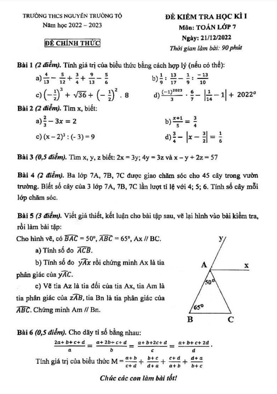 Đề học kì 1 (HK1) lớp 7 môn Toán năm 2022 2023 trường THCS Nguyễn Trường Tộ Hà Nội