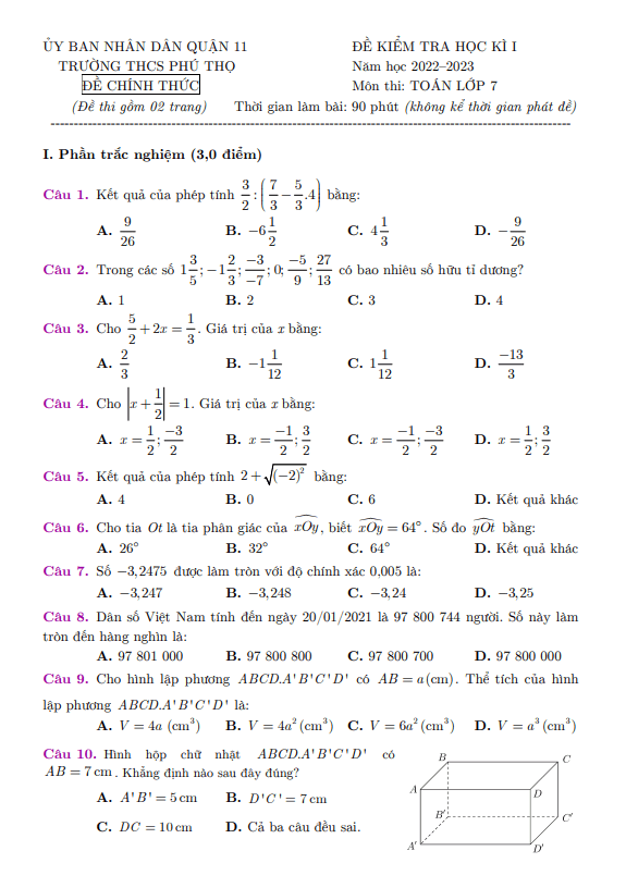 Đề học kì 1 (HK1) lớp 7 môn Toán năm 2022 2023 trường THCS Phú Thọ TP HCM