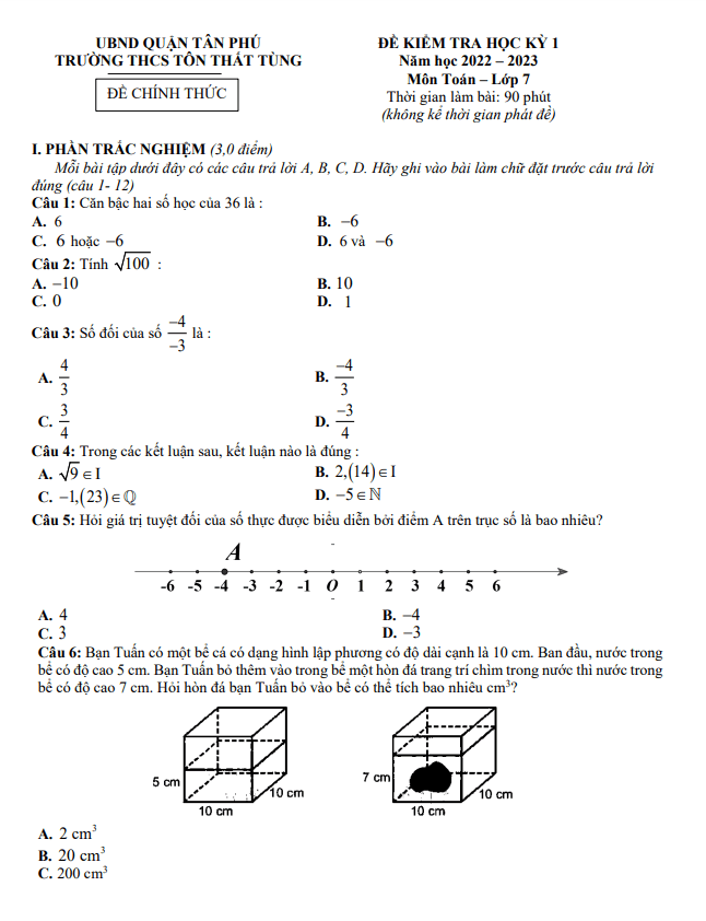 Đề học kì 1 (HK1) lớp 7 môn Toán năm 2022 2023 trường THCS Tôn Thất Tùng TP HCM