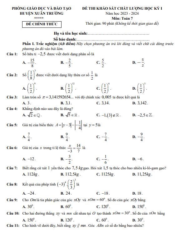 Đề học kì 1 (HK1) lớp 7 môn Toán năm 2023 2024 phòng GD ĐT Xuân Trường Nam Định