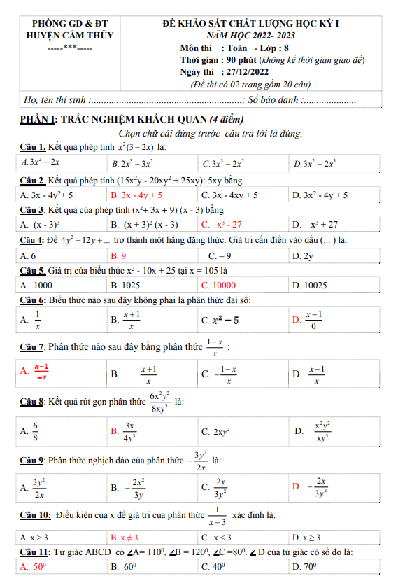 Đề học kì 1 (HK1) lớp 8 môn Toán năm 2022 2023 phòng GD ĐT Cẩm Thủy Thanh Hoá
