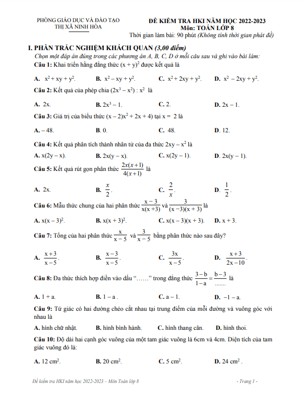Đề học kì 1 (HK1) lớp 8 môn Toán năm 2022 2023 phòng GD ĐT Ninh Hòa Khánh Hòa