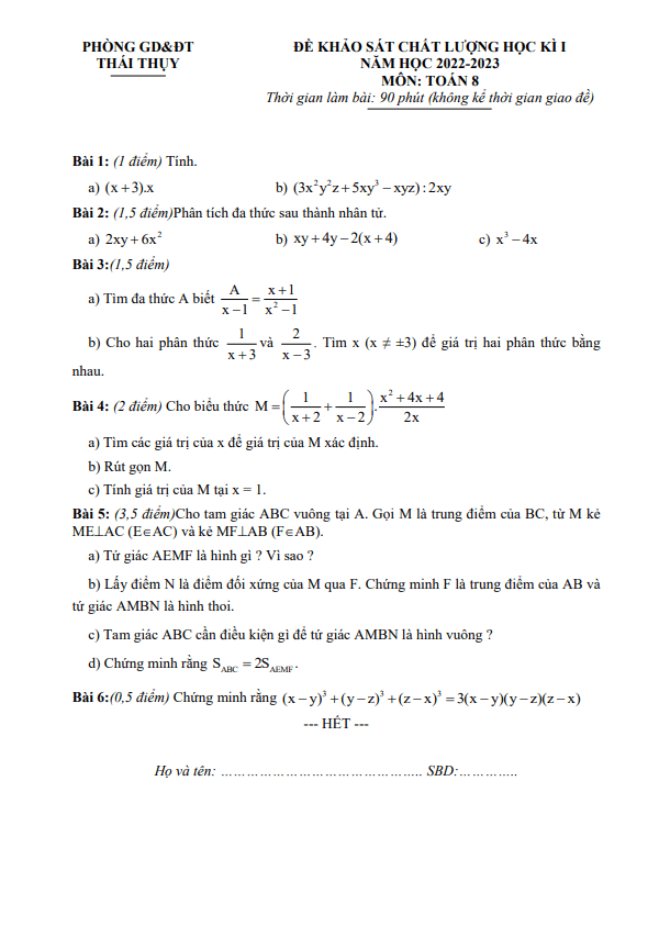 Đề học kì 1 (HK1) lớp 8 môn Toán năm 2022 2023 phòng GD ĐT Thái Thụy Thái Bình