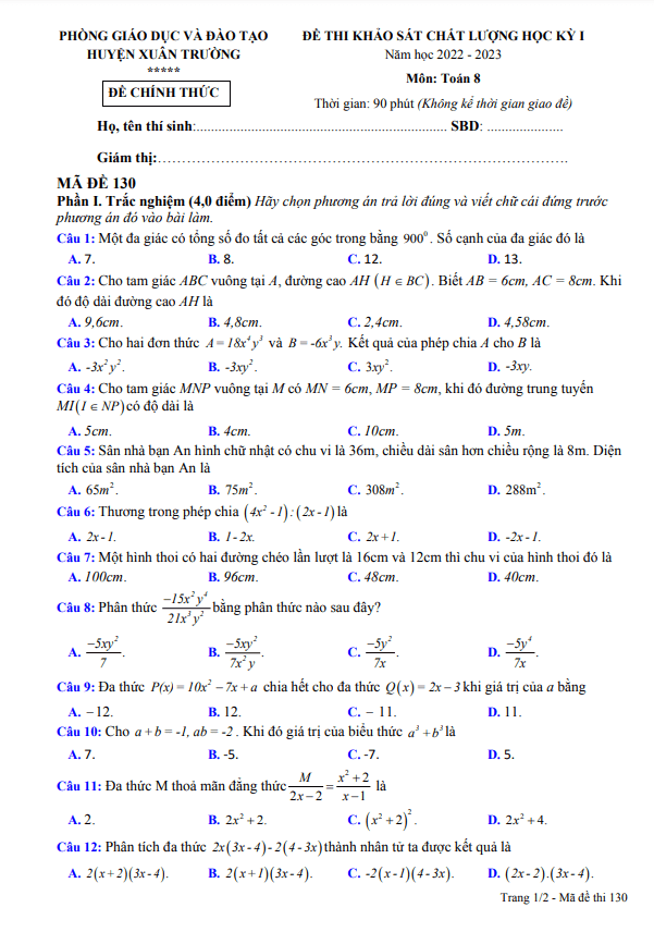 Đề học kì 1 (HK1) lớp 8 môn Toán năm 2022 2023 phòng GD ĐT Xuân Trường Nam Định