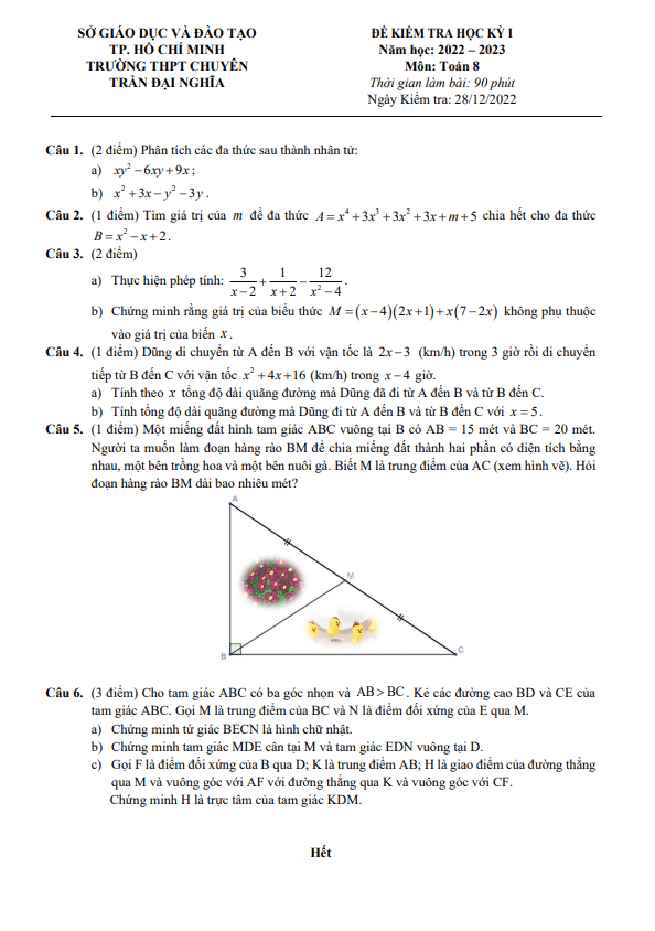 Đề học kì 1 (HK1) lớp 8 môn Toán năm 2022 2023 trường chuyên Trần Đại Nghĩa TP HCM