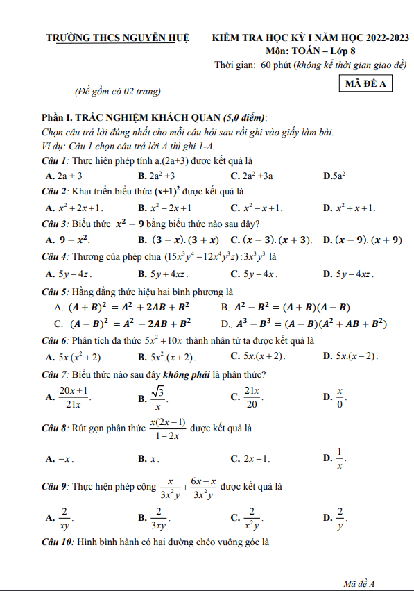 Đề học kì 1 (HK1) lớp 8 môn Toán năm 2022 2023 trường THCS Nguyễn Huệ Quảng Nam