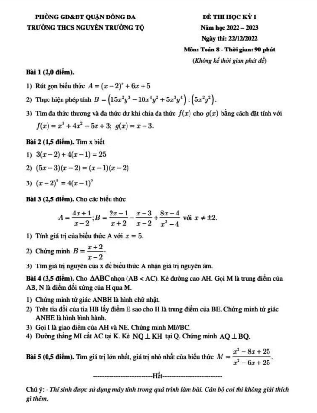 Đề học kì 1 (HK1) lớp 8 môn Toán năm 2022 2023 trường THCS Nguyễn Trường Tộ Hà Nội
