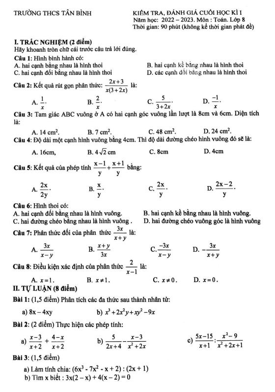 Đề học kì 1 (HK1) lớp 8 môn Toán năm 2022 2023 trường THCS Tân Bình TP HCM