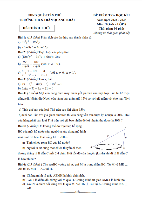 Đề học kì 1 (HK1) lớp 8 môn Toán năm 2022 2023 trường THCS Trần Quang Khải TP HCM