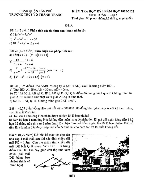 Đề học kì 1 (HK1) lớp 8 môn Toán năm 2022 2023 trường THCS Võ Thành Trang TP HCM