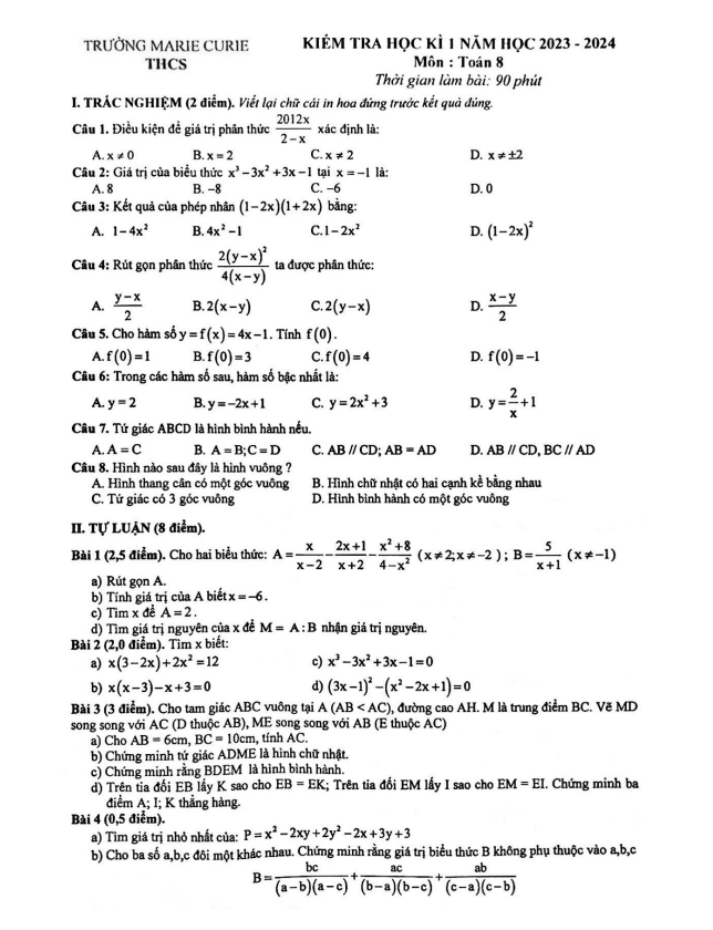 Đề học kì 1 (HK1) lớp 8 môn Toán năm 2023 2024 trường Marie Curie Hà Nội