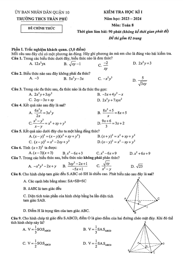 Đề học kì 1 (HK1) lớp 8 môn Toán năm 2023 2024 trường THCS Trần Phú TP HCM