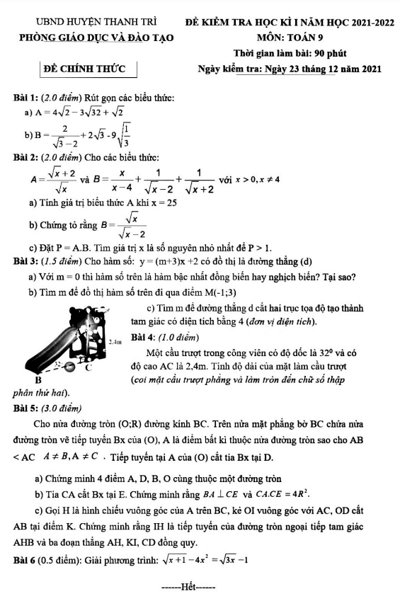 Đề học kì 1 (HK1) lớp 9 môn Toán năm 2021 2022 phòng GD ĐT huyện Thanh Trì Hà Nội