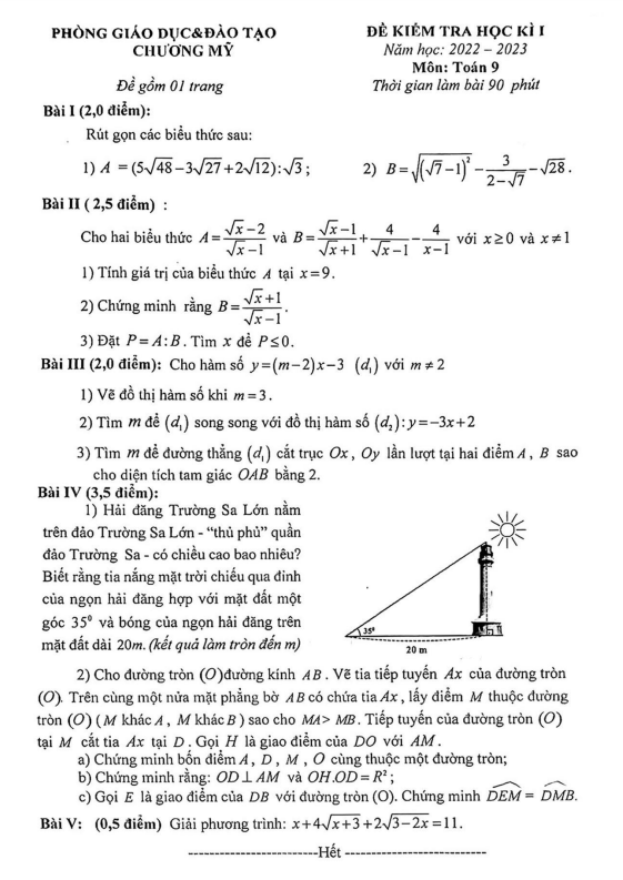 Đề học kì 1 (HK1) lớp 9 môn Toán năm 2022 2023 phòng GD ĐT Chương Mỹ Hà Nội
