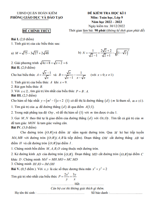 Đề học kì 1 (HK1) lớp 9 môn Toán năm 2022 2023 phòng GD ĐT Hoàn Kiếm Hà Nội