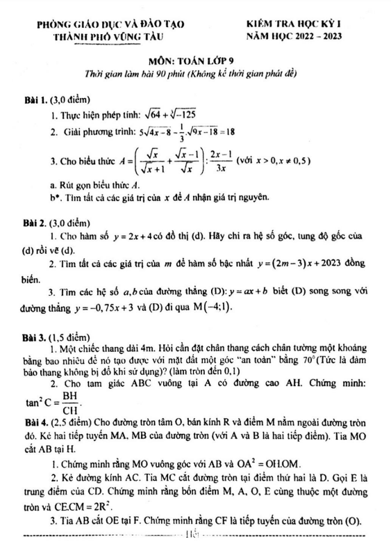 Đề học kì 1 (HK1) lớp 9 môn Toán năm 2022 2023 phòng GD ĐT Vũng Tàu BR VT