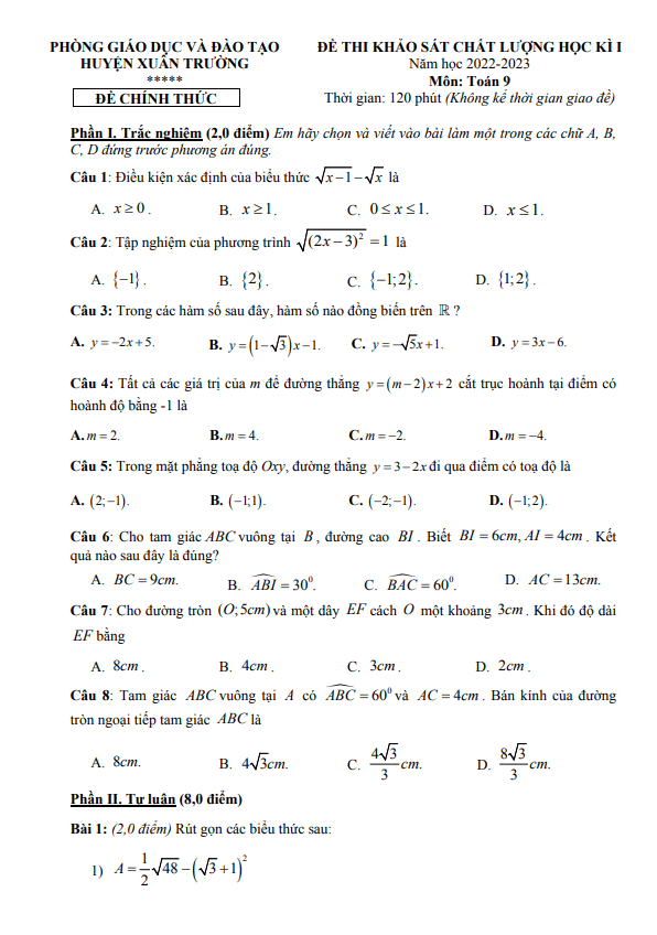Đề học kì 1 (HK1) lớp 9 môn Toán năm 2022 2023 phòng GD ĐT Xuân Trường Nam Định