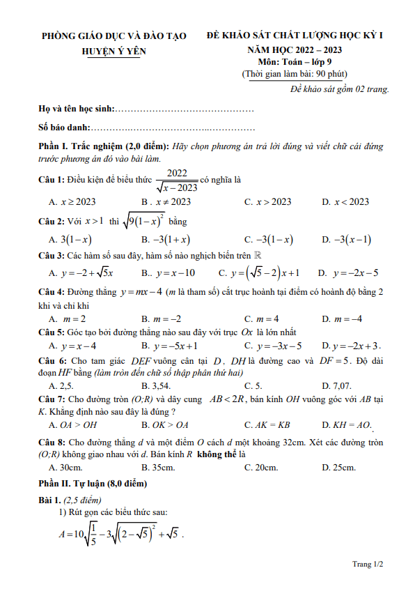 Đề học kì 1 (HK1) lớp 9 môn Toán năm 2022 2023 phòng GD ĐT Ý Yên Nam Định