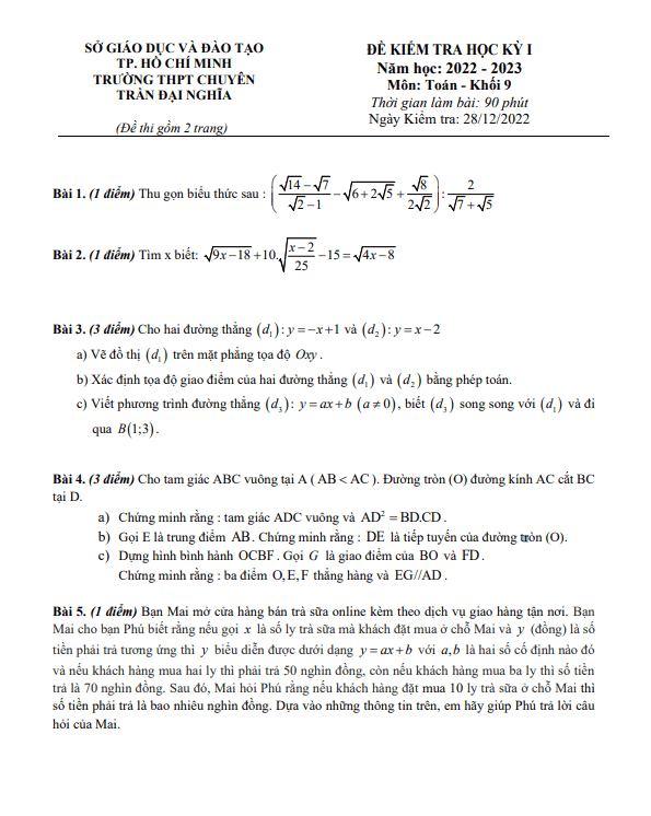Đề học kì 1 (HK1) lớp 9 môn Toán năm 2022 2023 trường chuyên Trần Đại Nghĩa TP HCM