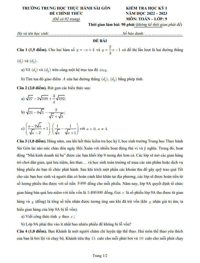 Đề học kì 1 (HK1) lớp 9 môn Toán năm 2022 2023 trường Thực hành Sài Gòn TP HCM