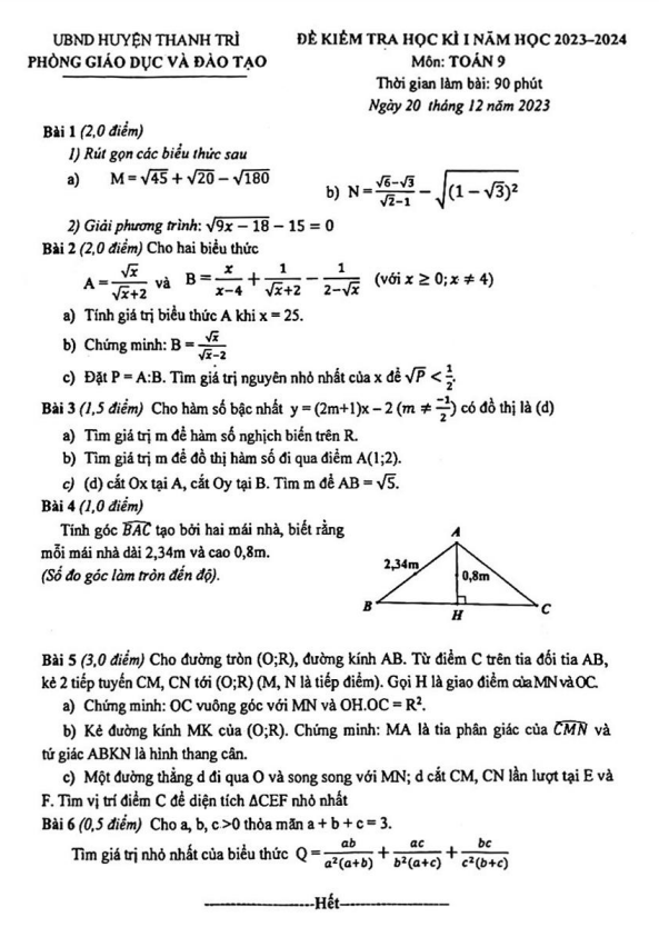 Đề học kì 1 (HK1) lớp 9 môn Toán năm 2023 2024 phòng GD ĐT Thanh Trì Hà Nội