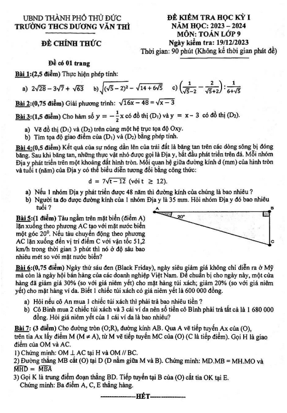 Đề học kì 1 (HK1) lớp 9 môn Toán năm 2023 2024 trường THCS Dương Văn Thì TP HCM