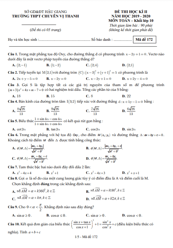 Đề học kì 2 (HK2) lớp 10 môn Toán năm 2019 2020 trường THPT chuyên Vị Thanh Hậu Giang
