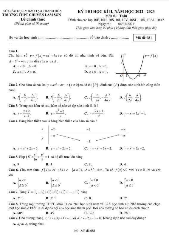 Đề học kì 2 (HK2) lớp 10 môn Toán năm 2022 2023 trường chuyên Lam Sơn Thanh Hóa