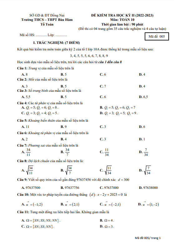 Đề học kì 2 (HK2) lớp 10 môn Toán năm 2022 2023 trường THCS THPT Bàu Hàm Đồng Nai