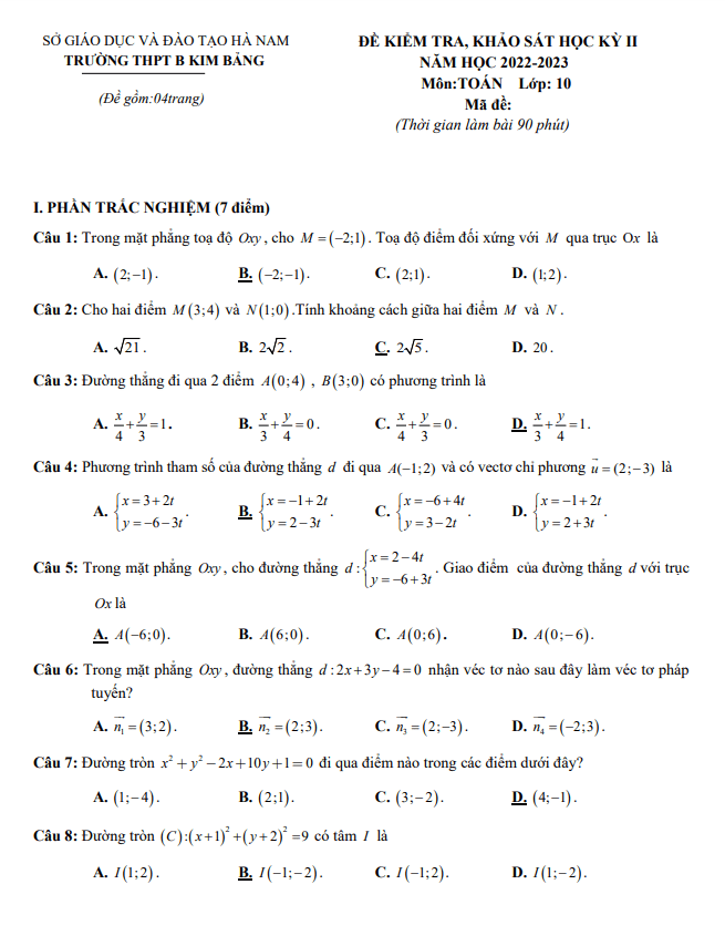 Đề học kì 2 (HK2) lớp 10 môn Toán năm 2022 2023 trường THPT B Kim Bảng Hà Nam