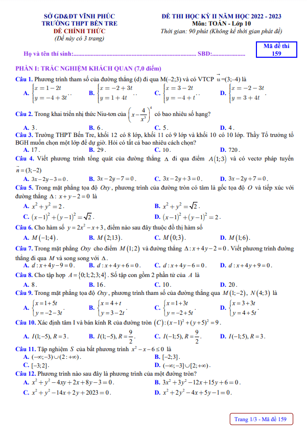 Đề học kì 2 (HK2) lớp 10 môn Toán năm 2022 2023 trường THPT Bến Tre Vĩnh Phúc