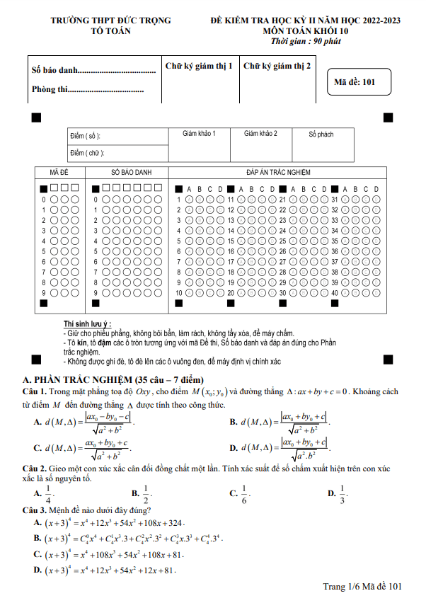 Đề học kì 2 (HK2) lớp 10 môn Toán năm 2022 2023 trường THPT Đức Trọng Lâm Đồng