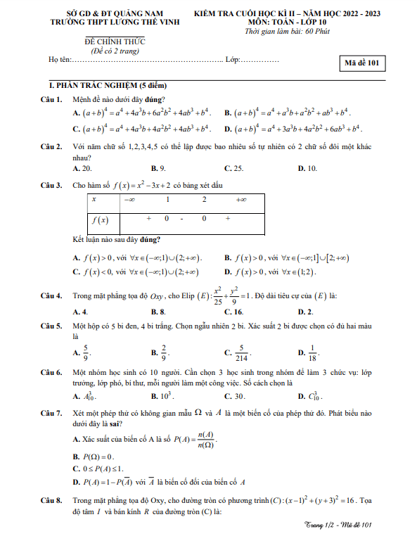 Đề học kì 2 (HK2) lớp 10 môn Toán năm 2022 2023 trường THPT Lương Thế Vinh Quảng Nam