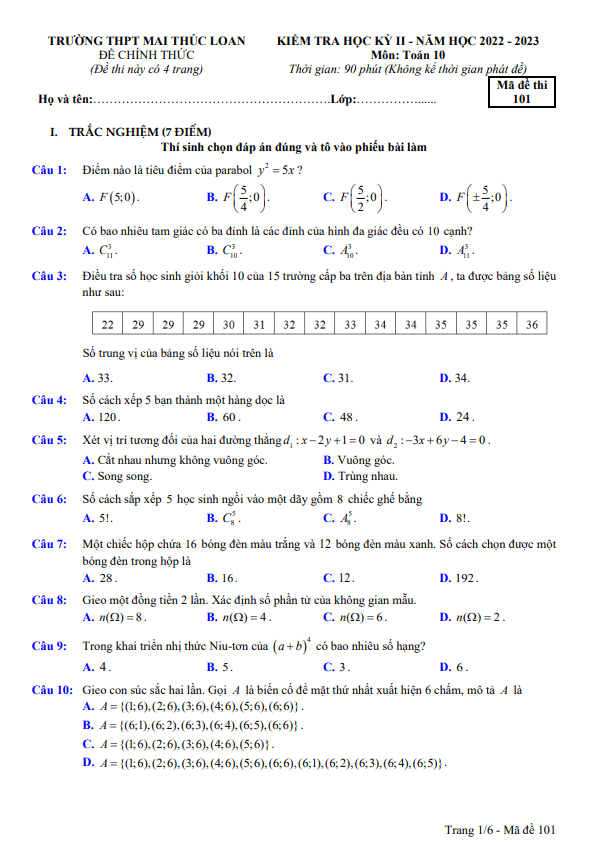 Đề học kì 2 (HK2) lớp 10 môn Toán năm 2022 2023 trường THPT Mai Thúc Loan Hà Tĩnh
