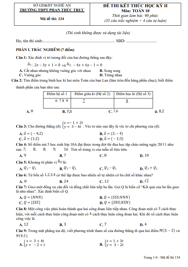 Đề học kì 2 (HK2) lớp 10 môn Toán năm 2022 2023 trường THPT Phan Thúc Trực Nghệ An