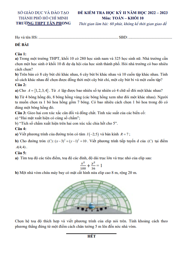 Đề học kì 2 (HK2) lớp 10 môn Toán năm 2022 2023 trường THPT Tân Phong TP HCM