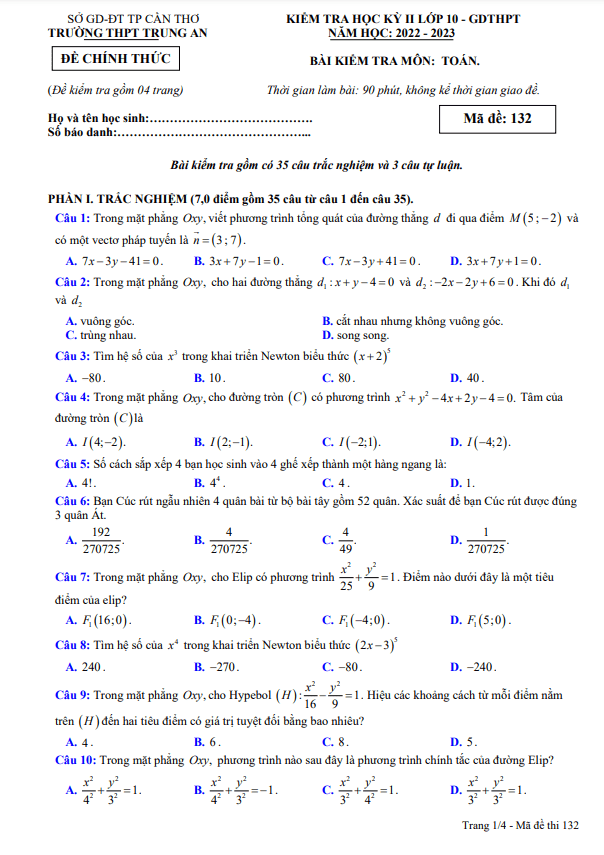 Đề học kì 2 (HK2) lớp 10 môn Toán năm 2022 2023 trường THPT Trung An Cần Thơ