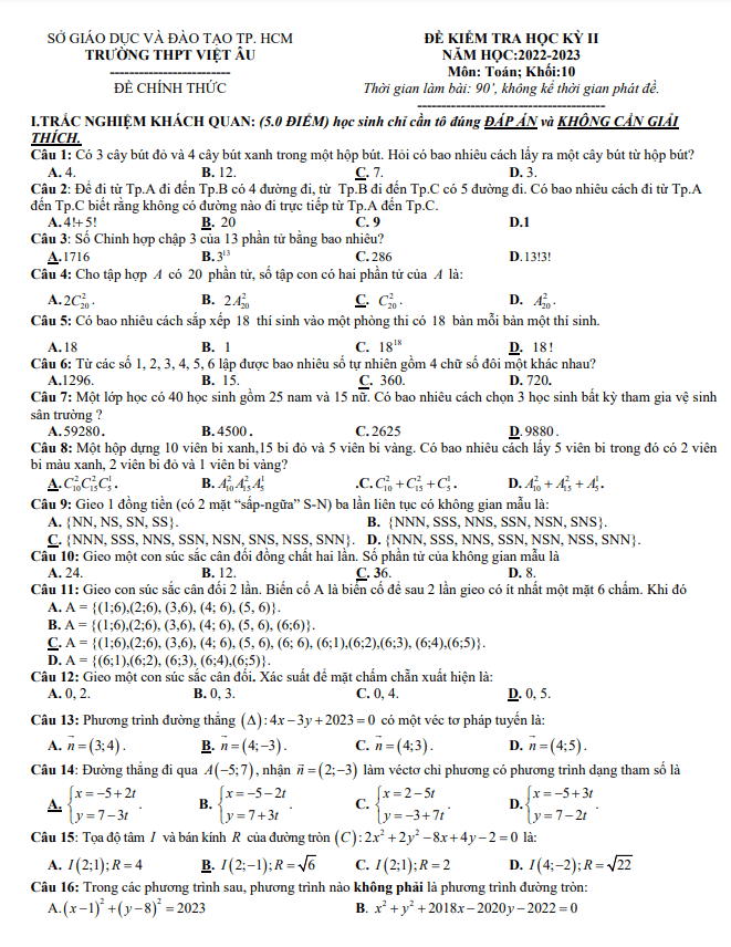 Đề học kì 2 (HK2) lớp 10 môn Toán năm 2022 2023 trường THPT Việt Âu TP HCM