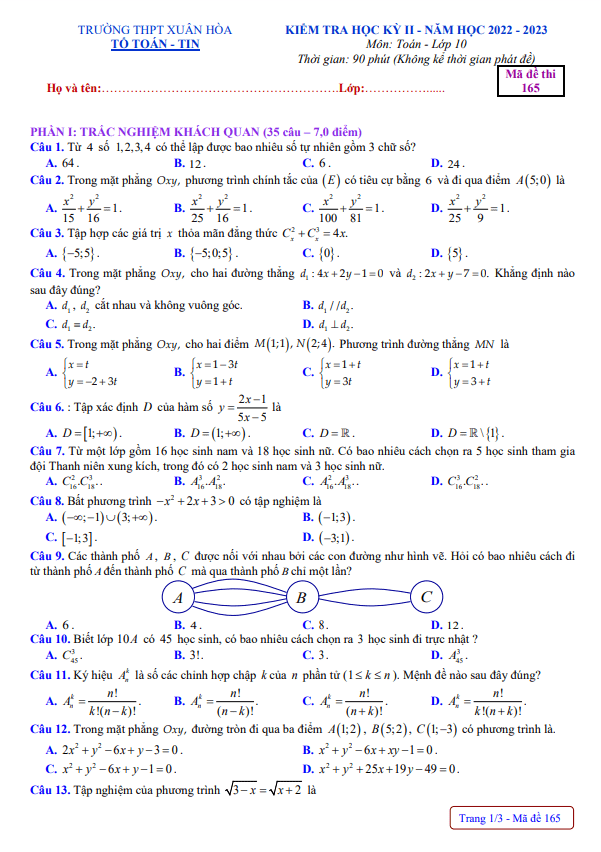 Đề học kì 2 (HK2) lớp 10 môn Toán năm 2022 2023 trường THPT Xuân Hòa Vĩnh Phúc