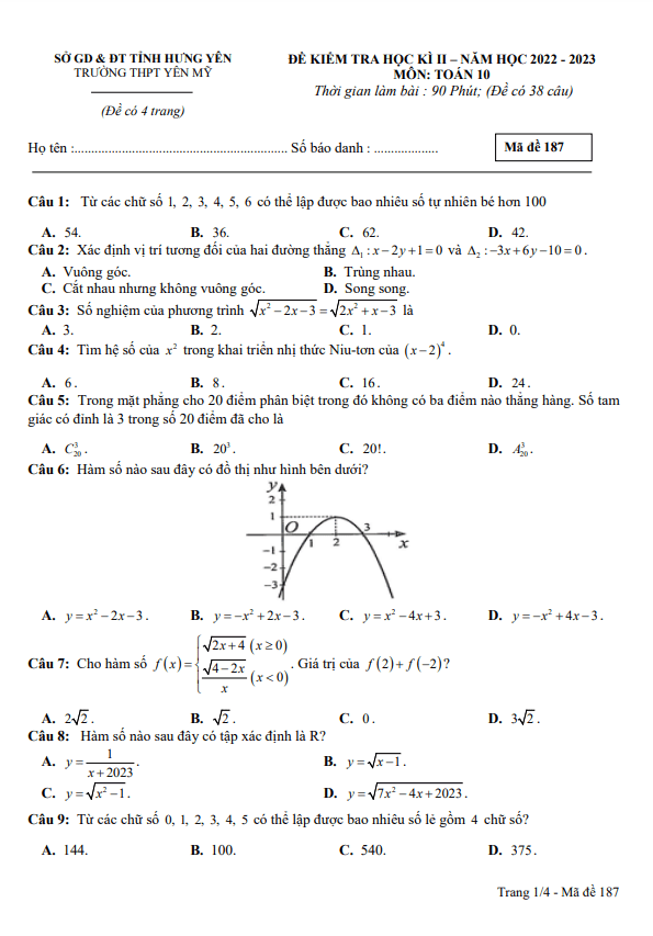 Đề học kì 2 (HK2) lớp 10 môn Toán năm 2022 2023 trường THPT Yên Mỹ Hưng Yên