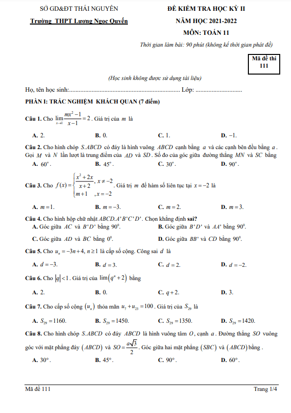 Đề học kì 2 (HK2) lớp 11 môn Toán năm 2021 2022 trường Lương Ngọc Quyến Thái Nguyên