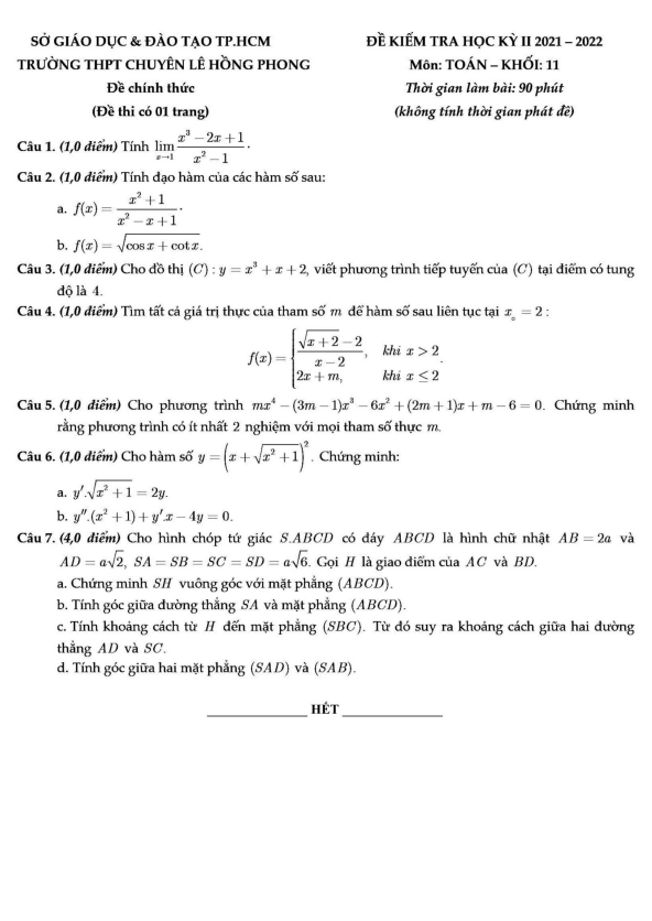 Đề học kì 2 (HK2) lớp 11 môn Toán năm 2021 2022 trường THPT chuyên Lê Hồng Phong TP HCM