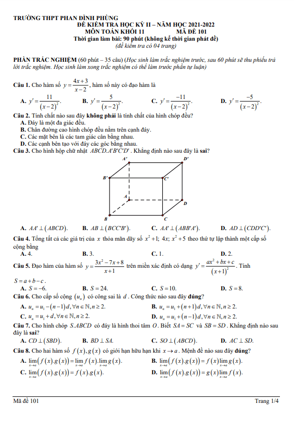 Đề học kì 2 (HK2) lớp 11 môn Toán năm 2021 2022 trường THPT Phan Đình Phùng Hà Nội