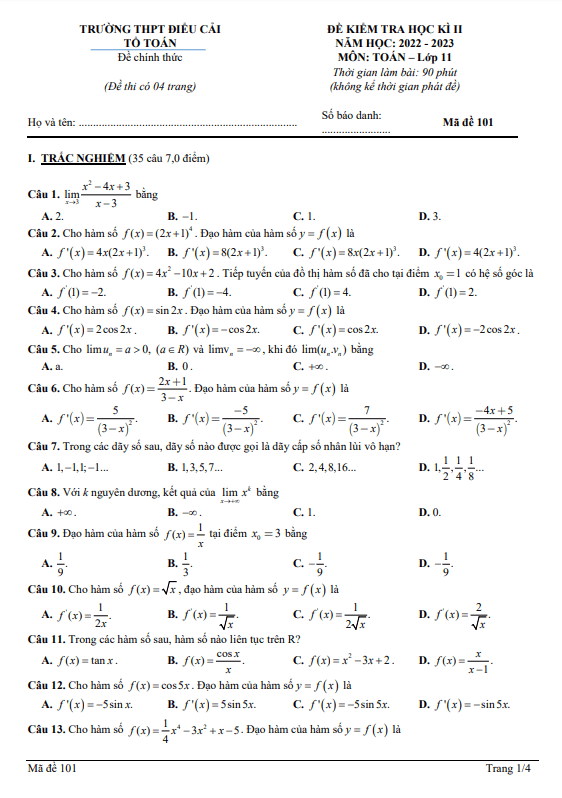 Đề học kì 2 (HK2) lớp 11 môn Toán năm 2022 2023 trường THPT Điểu Cải Đồng Nai