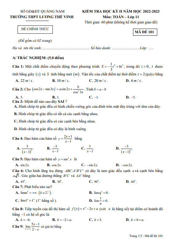 Đề học kì 2 (HK2) lớp 11 môn Toán năm 2022 2023 trường THPT Lương Thế Vinh Quảng Nam