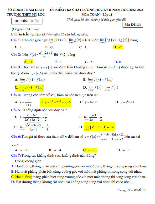 Đề học kì 2 (HK2) lớp 11 môn Toán năm 2022 2023 trường THPT Mỹ Lộc Nam Định