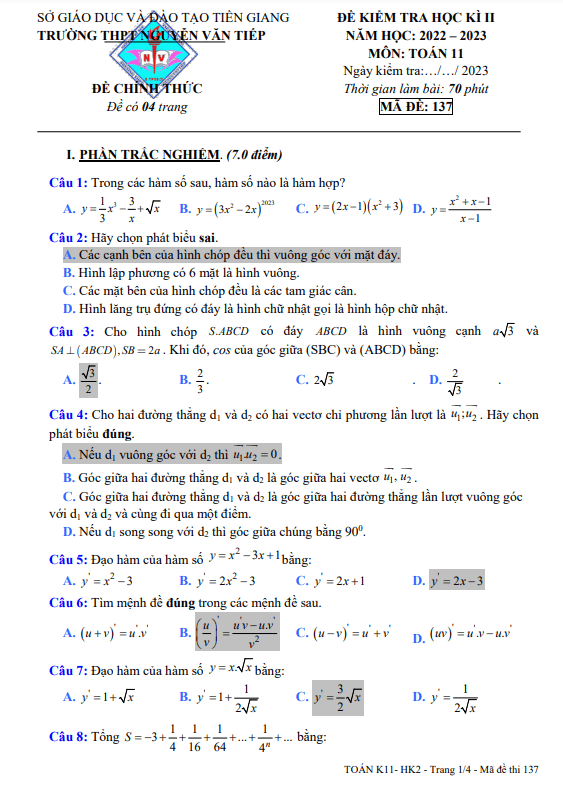 Đề học kì 2 (HK2) lớp 11 môn Toán năm 2022 2023 trường THPT Nguyễn Văn Tiếp Tiền Giang